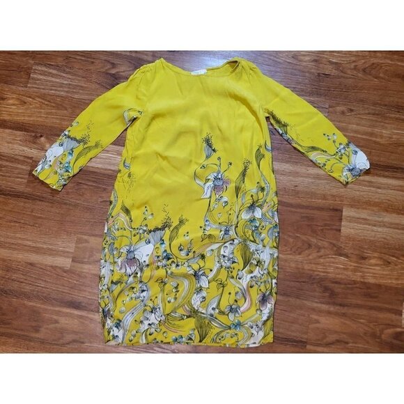 Rutzou For Anthropologie Yellow Floral Dress‎ Draped Back Size 4 - Picture 1 of 6